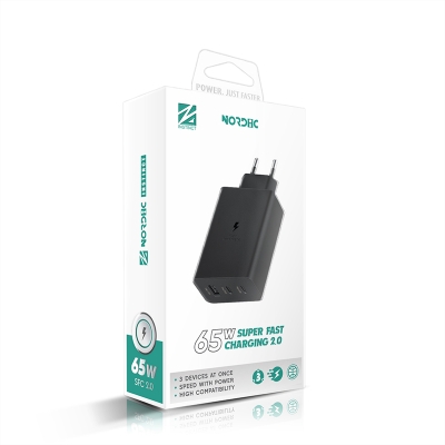 NORDIC 220V 65W, USB-A + 2xUSB-C, черен - NRDi-6530